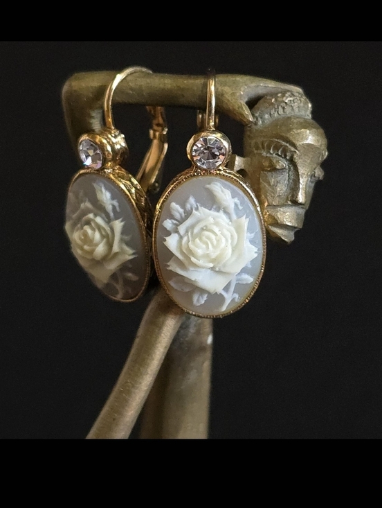 Avon Jewelry - Avon Gold-Tone Cameo Rose Drop Earrings - Ivory Rose on Blue Gray
